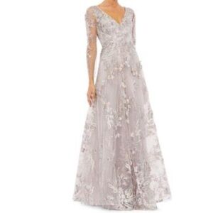 Mac Duggal Silver /lavender Floral Long Sleeve Gown